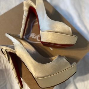 Christian Louboutin Classic Plisetta 140 Crepe Satin in Champagne. Includes box.